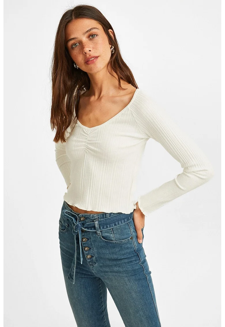 Pulover crop tricotat fin, Alb