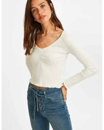 Pulover crop tricotat fin, Alb