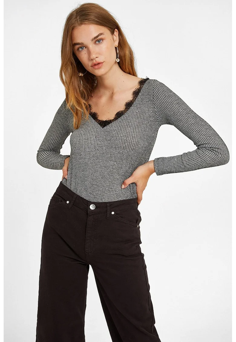 Bluza striata cu insertii din dantela, Gri inchis