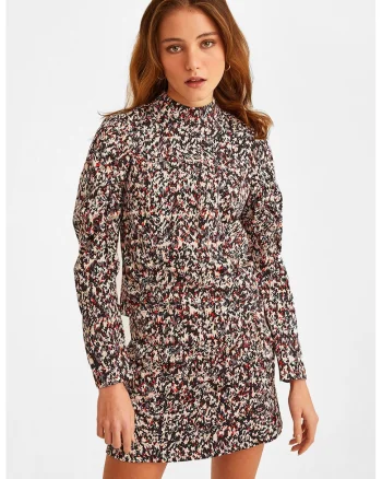 Bluza cu model si guler scurt, Negru/Rosu vermillion/Crem