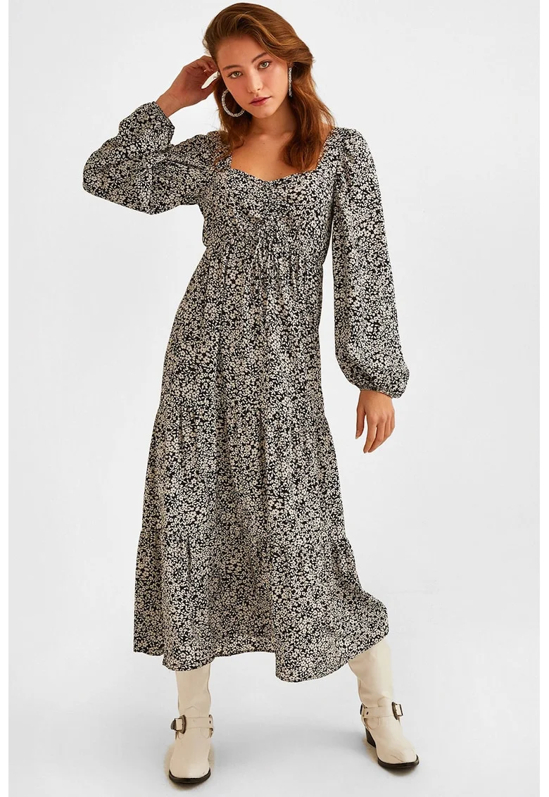Rochie cu imprimeu floral si decolteu patrat, Alb/Negru