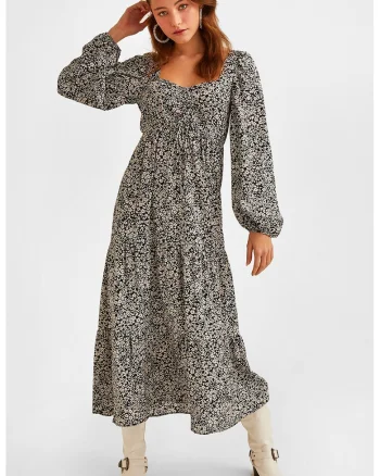 Rochie cu imprimeu floral si decolteu patrat, Alb/Negru