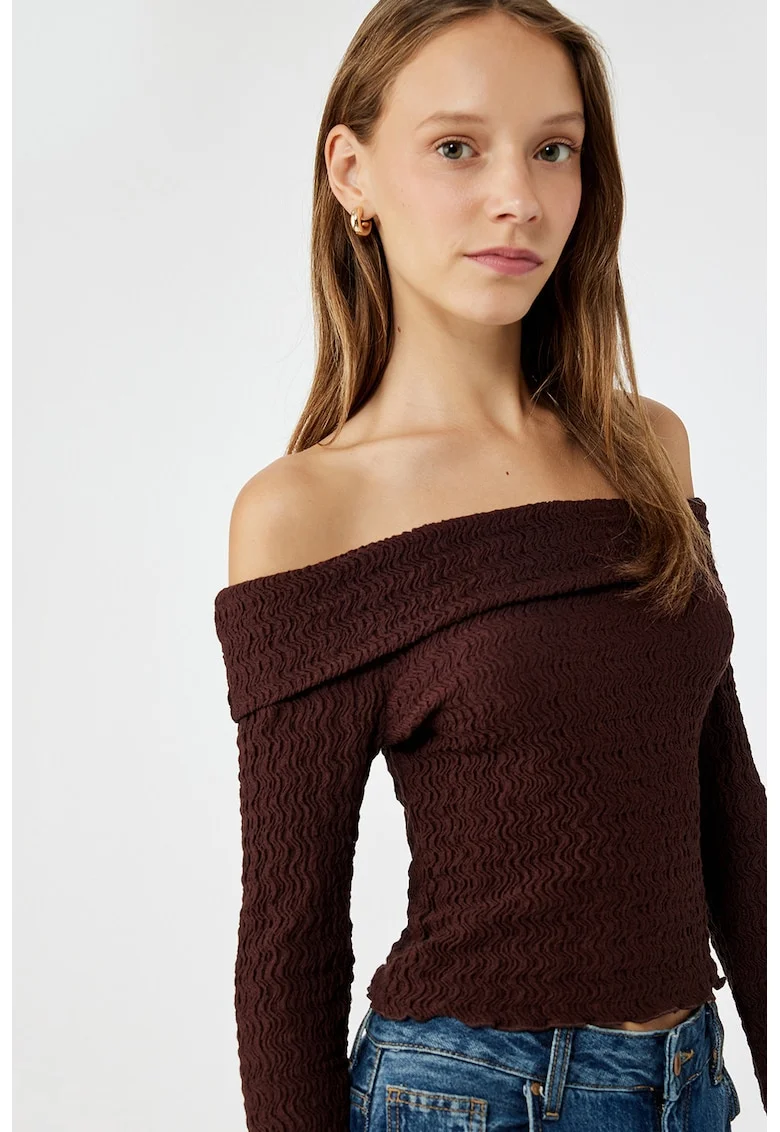 Bluza texturata crop cu decolteu pe umeri, Maro inchis