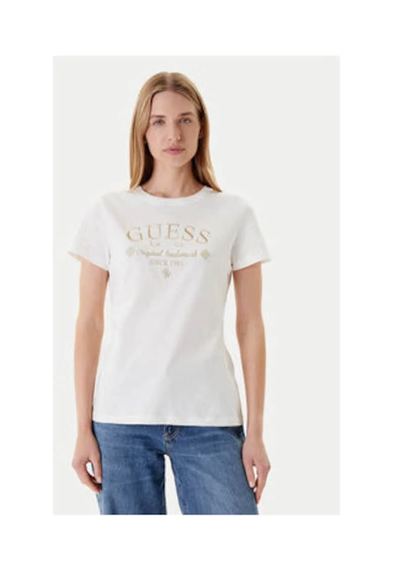 Tricou din bumbac cu decolteu la baza gatului si logo frontal