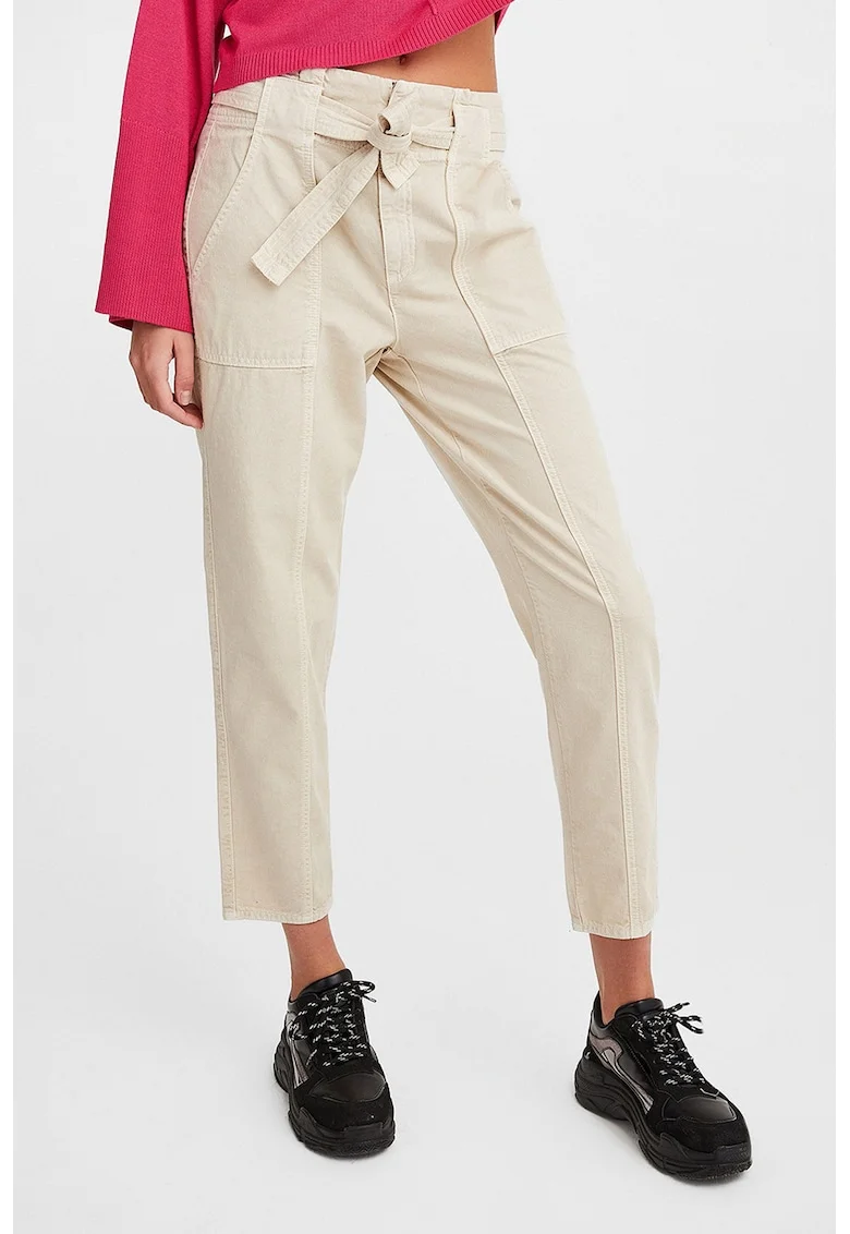 Pantaloni crop cu talie inalta, Crem