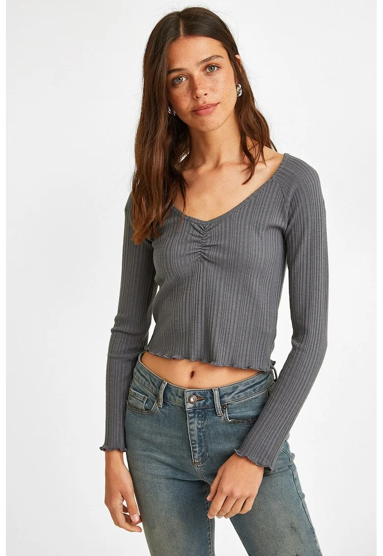 Pulover crop tricotat fin, Gri inchis