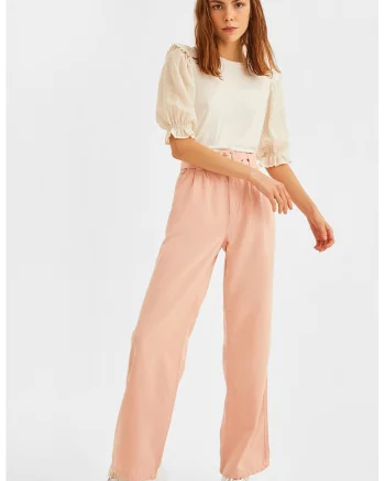 Pantaloni din amestec de lyocell cu croiala dreapta si talie inalta, Piersica