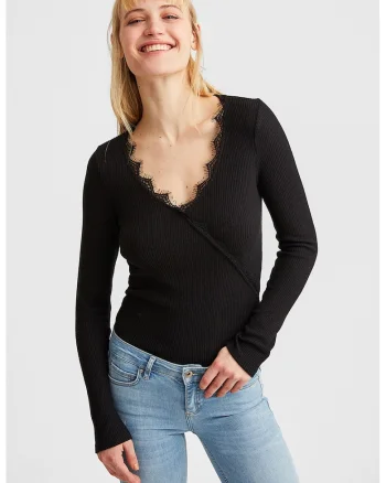 Bluza slim fit striata cu detalii de dantela, Negru