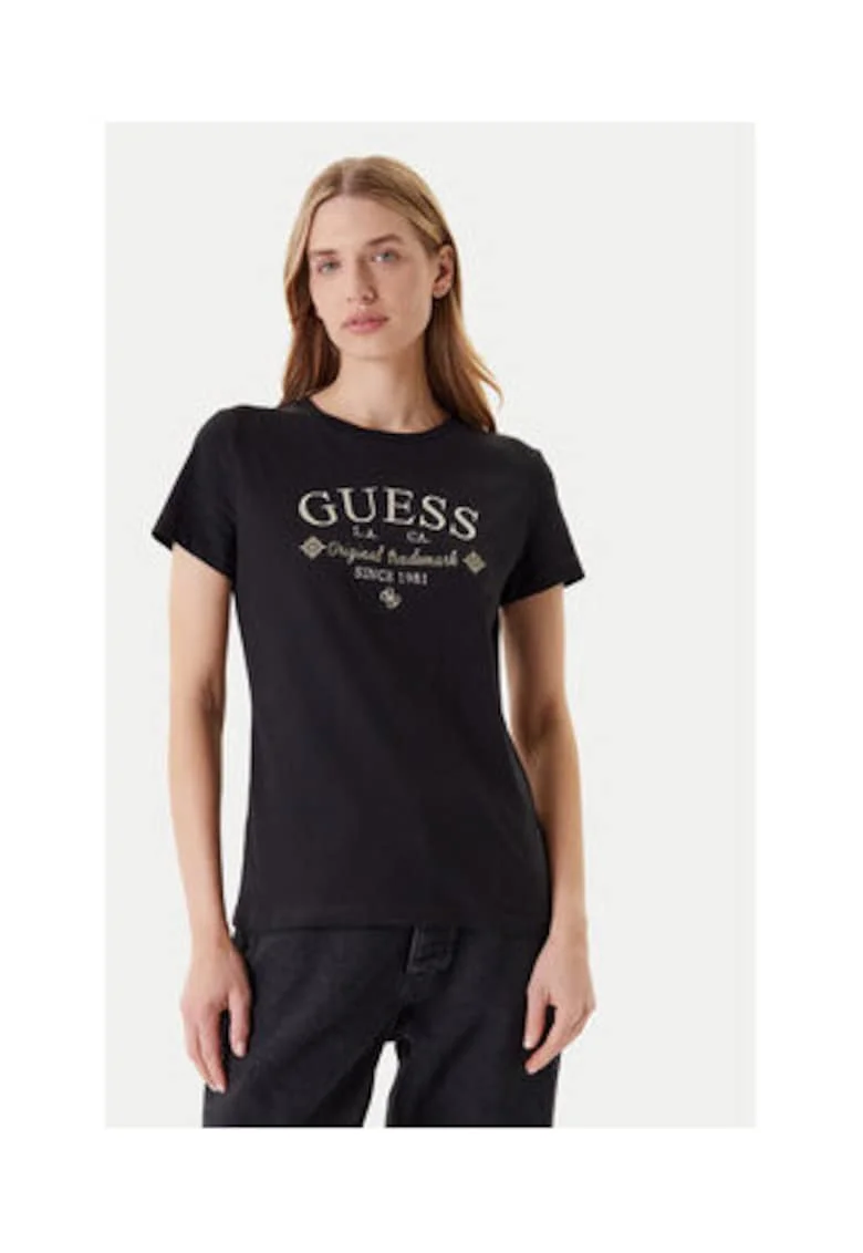 Tricou din bumbac cu logo frontal si maneci scurte