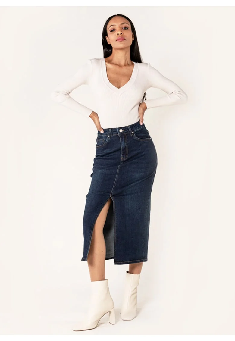 Fusta albastru inchis de denim cu slit frontal P215 M10 17921, Albastru inchis