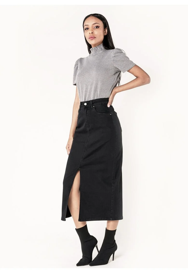 Fusta neaga de denim cu slit frontal P215 M10 17915, Negru