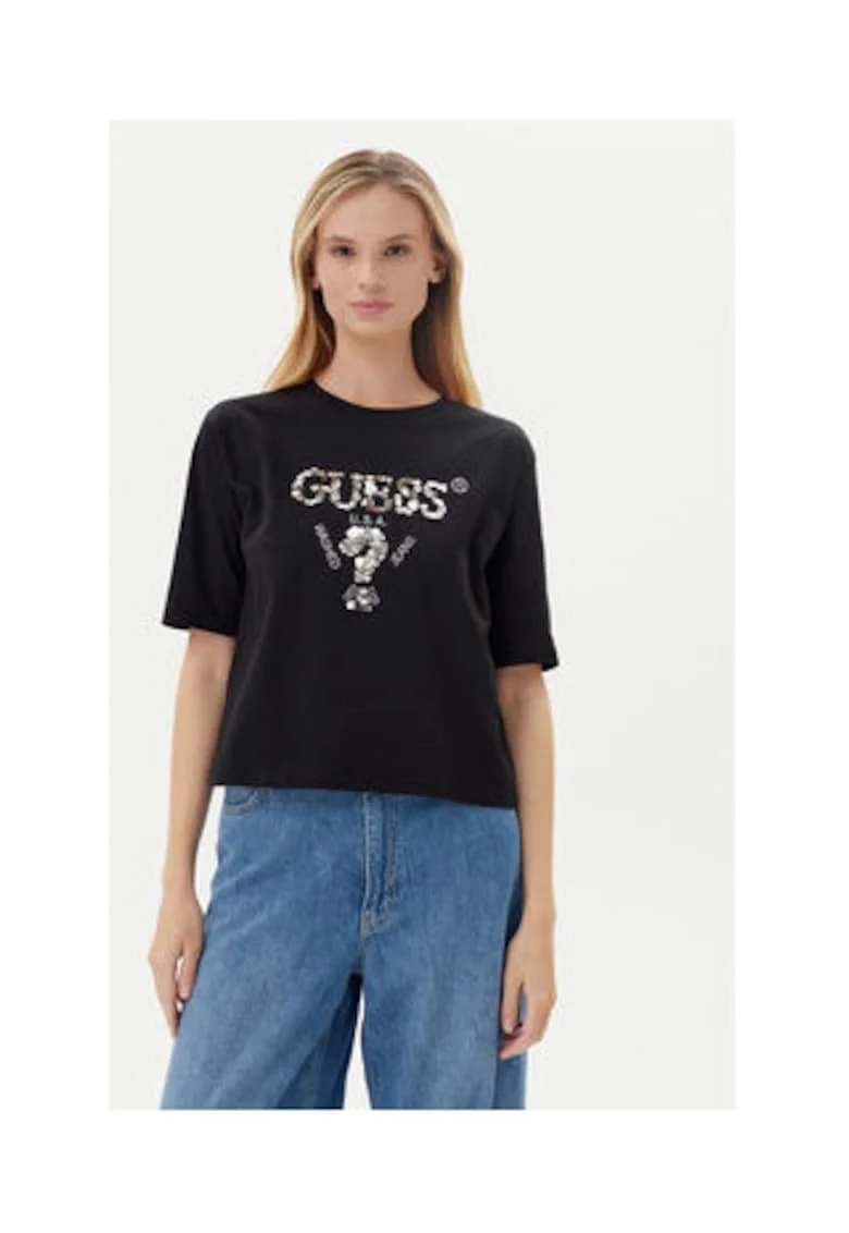 Tricou din bumbac cu logo din paiete