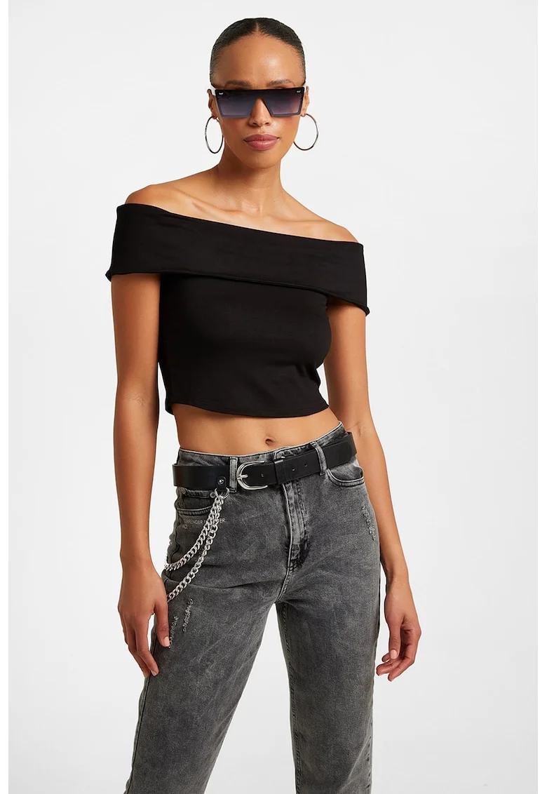 Tricou crop cu decolteu pe umeri, Negru