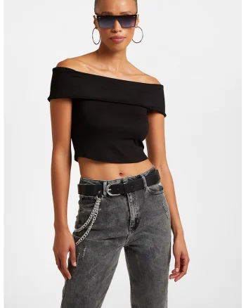 Tricou crop cu decolteu pe umeri, Negru