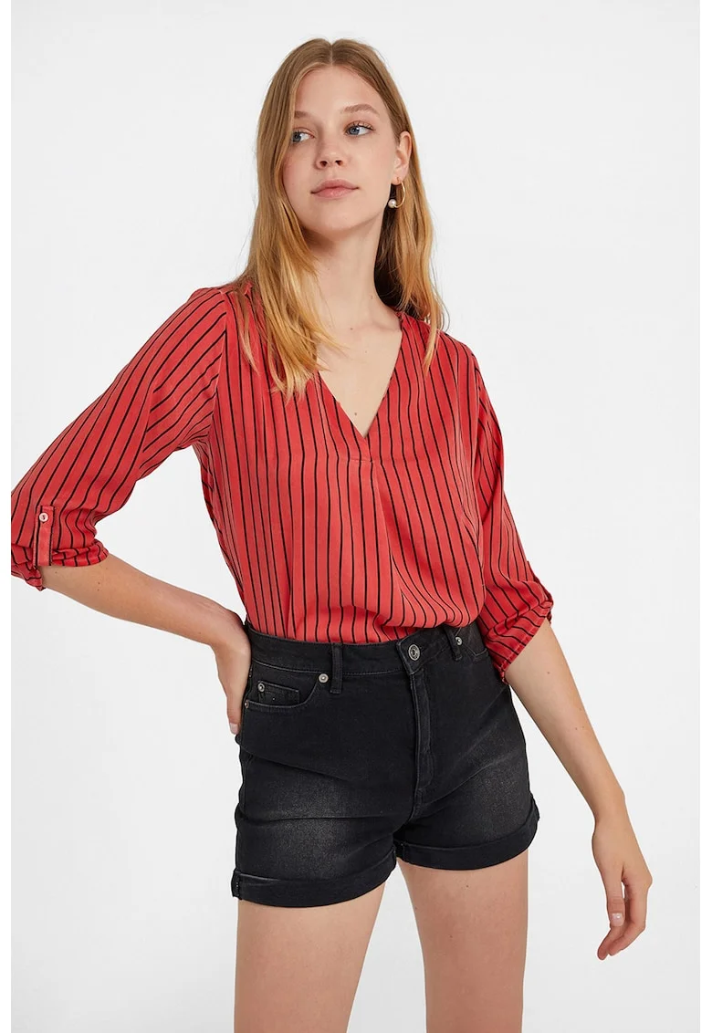 Bluza cu decolteu in V, model in dungi si maneci trei sferturi, Rosu/Negru