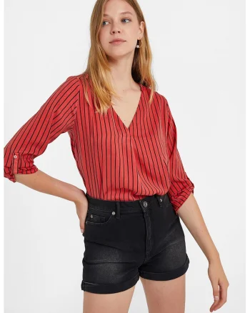 Bluza cu decolteu in V, model in dungi si maneci trei sferturi, Rosu/Negru