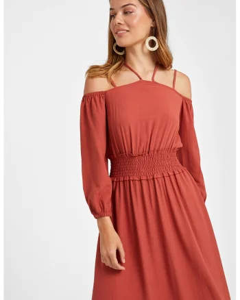 Rochie midi cu decupaje pe umeri, Portocaliu