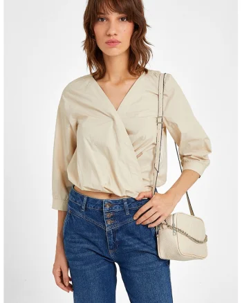 Bluza cu decolteu cache-coeur, Alb fildes