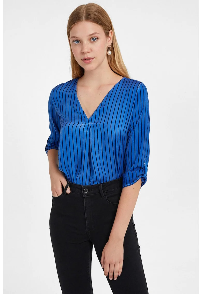 Bluza cu decolteu in V, model in dungi si maneci trei sferturi, Albastru royal