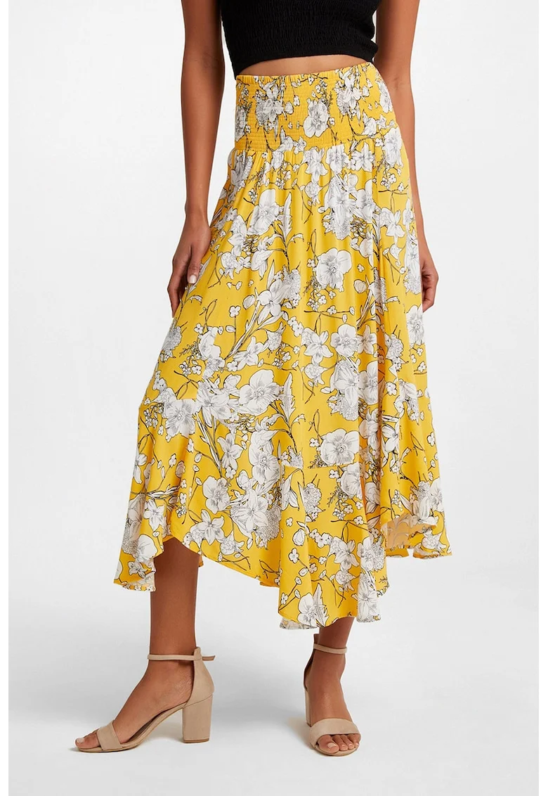 Fusta midi cu model floral, Alb/Galben