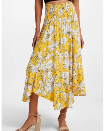 Fusta midi cu model floral, Alb/Galben