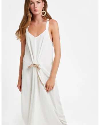 Rochie midi din amestec de in cu decolteu in V, Alb