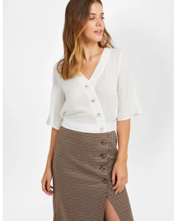Bluza crop cu nasturi asimetrici, Alb murdar