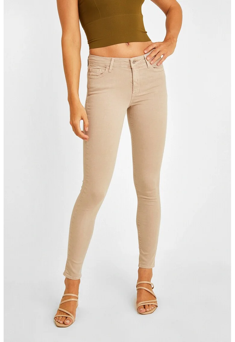 Blugi crop skinny cu talie medie, Maro nisip