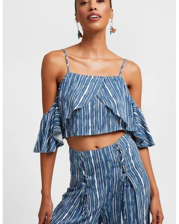 Bluza crop cu decupaje pe umeri, Alb/Albastru pastel