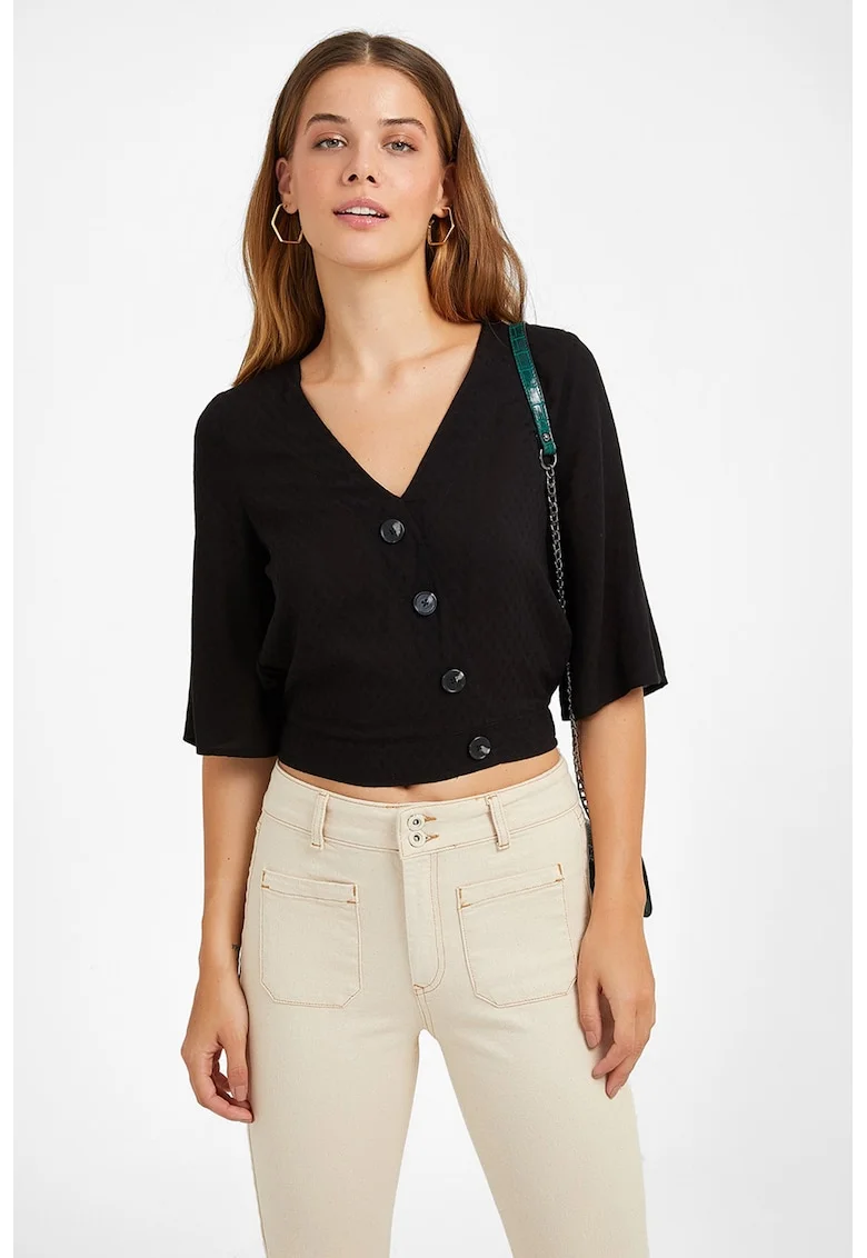 Bluza crop cu nasturi asimetrici, Negru