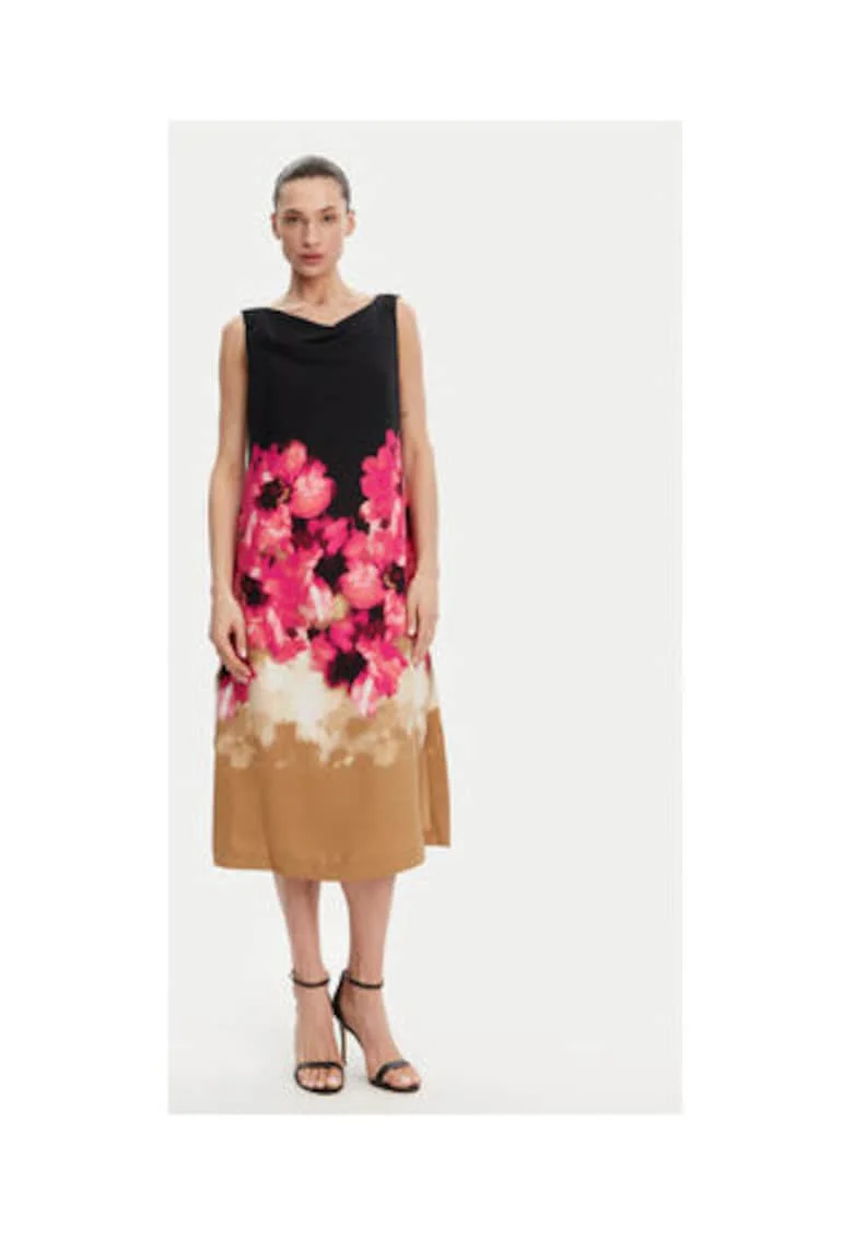 Rochie cu croiala in A, imprimeu floral, DD4KH09C, poliester, Negru/Bej/Roz