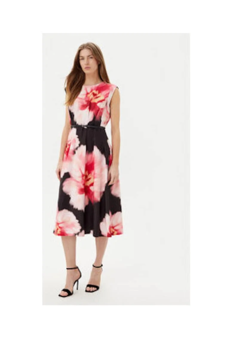 Rochie cu imprimeu floral, DD5H2J04, poliester, Alb/Negru/Roz