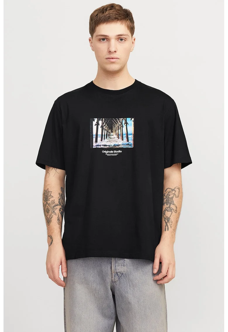 Tricou relaxed fit de bumbac cu imprimeu, Albastru pastel/Negru