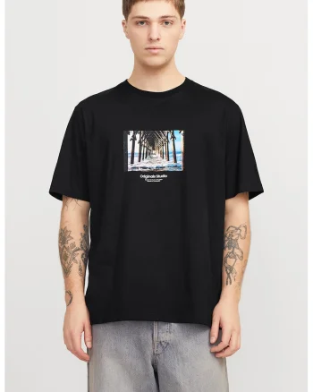 Tricou relaxed fit de bumbac cu imprimeu, Albastru pastel/Negru