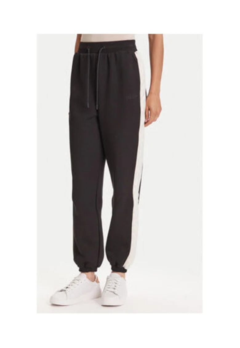 Pantaloni de trening relaxed fit cu benzi laterala contrastanta si talie inalta cu snur