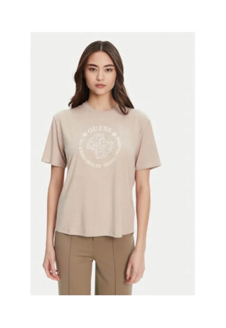 Tricou regular fit din viscoza cu decolteu la baza gatului si logo brodat pe piept