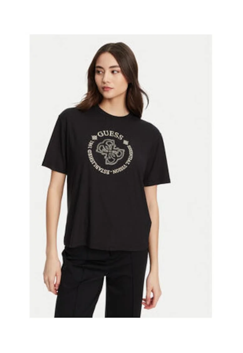 Tricou uni regular fit din viscoza cu logo brodat