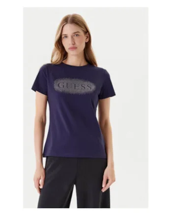 Tricou regular fit uni din amestec de bumbac cu strasuri si logo pe piept