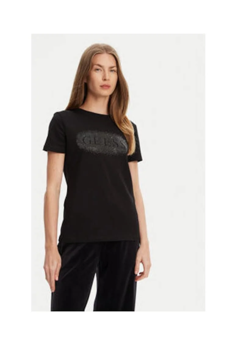 Tricou regular fit din amestec de bumbac cu strasuri si logo pe piept