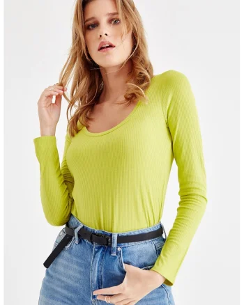 Bluza slim fit cu decolteu rotund, Verde lime