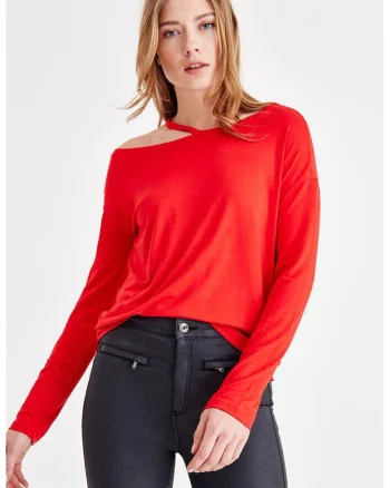 Bluza cu decolteu pe un umar si decupaj, Rosu vermillion