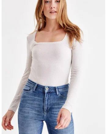 Bluza striata cu model uni, Alb fildes