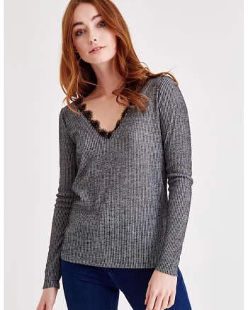 Bluza striata cu decolteu in V si garnituri din dantela, Gri