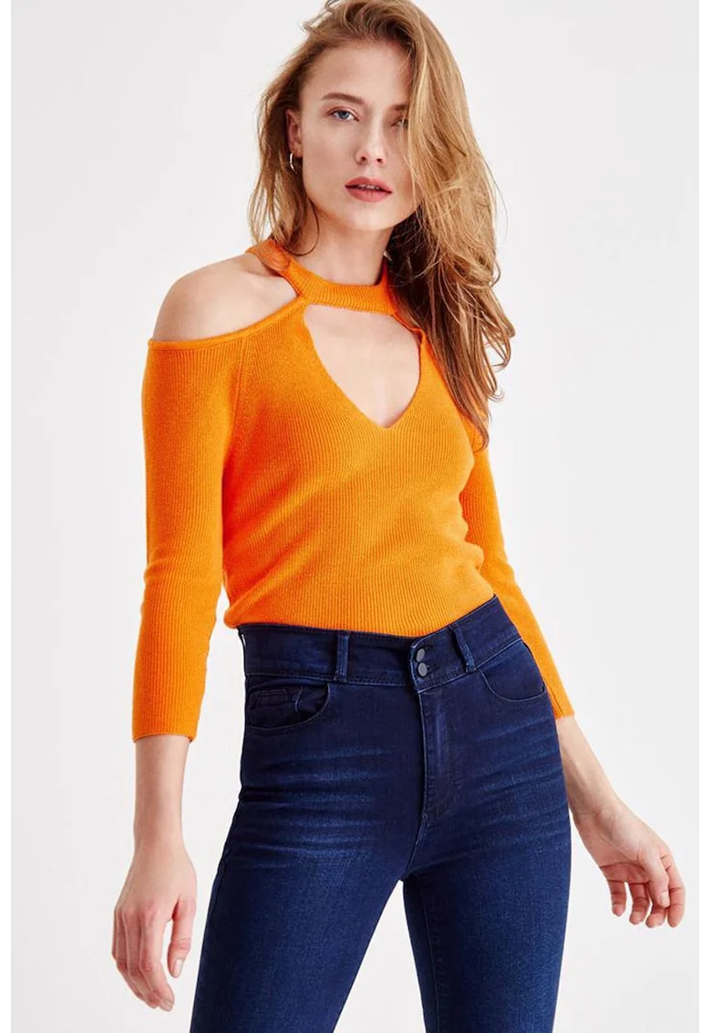 Pulover striat cu decupaje pe umeri, Portocaliu mandarina