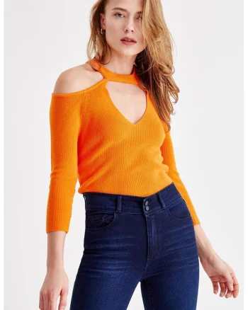 Pulover striat cu decupaje pe umeri, Portocaliu mandarina
