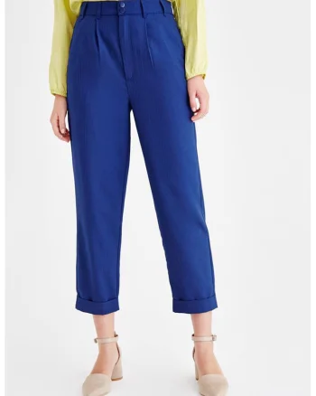 Pantaloni crop cu talie inalta, Albastru royal