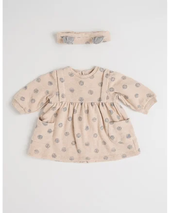 Knit Dress With Hearts Pattern And Headband Set, Bej