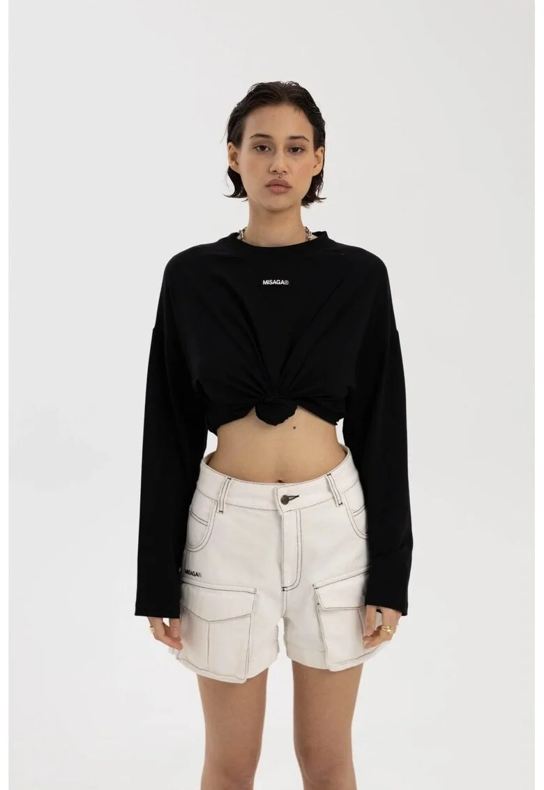 Pantaloni scurti din denim cu cusaturi contrastante, Alb murdar
