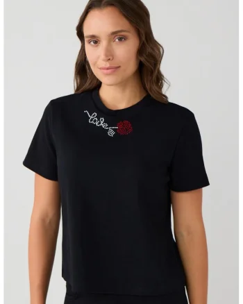 Tricou din bumbac cu decolteu la baza gatului, Negru