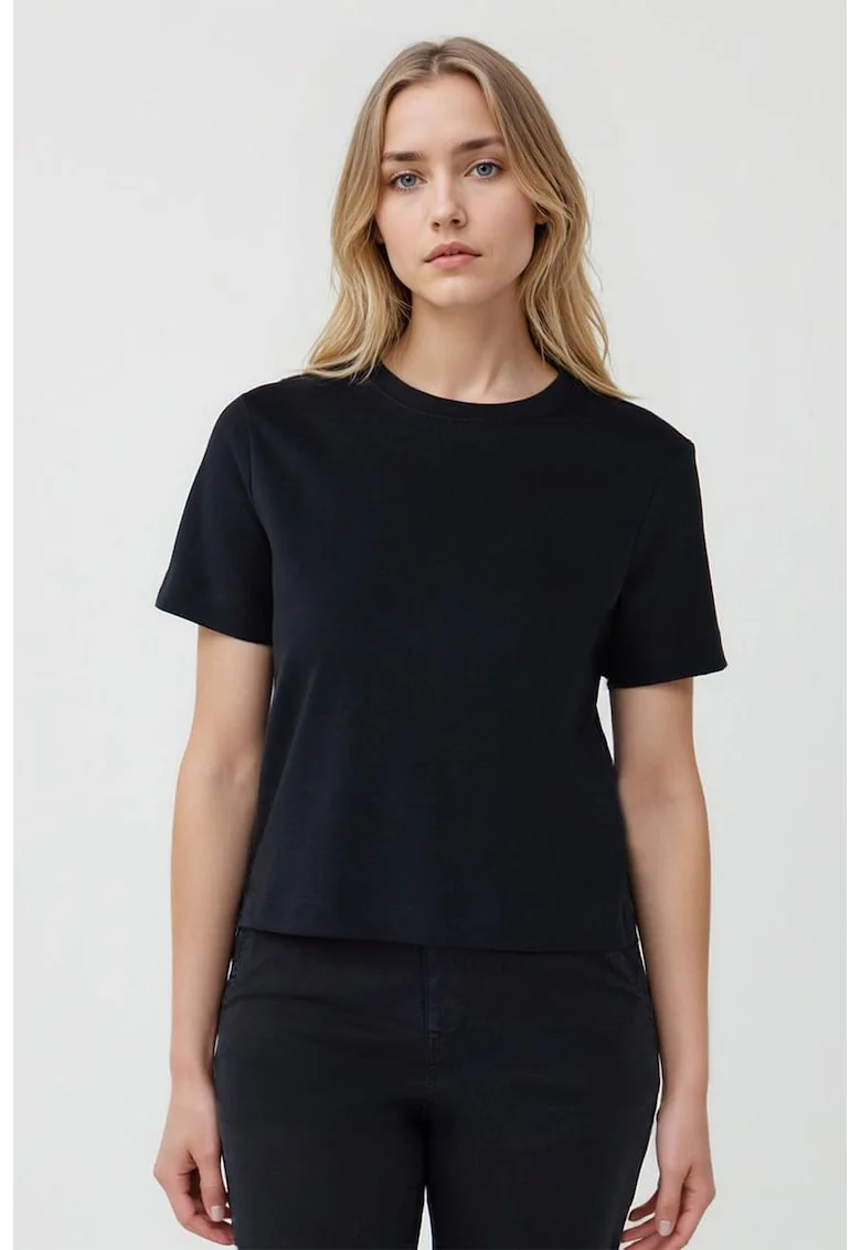 Tricou din bumbac cu decolteu la baza gatului, Negru